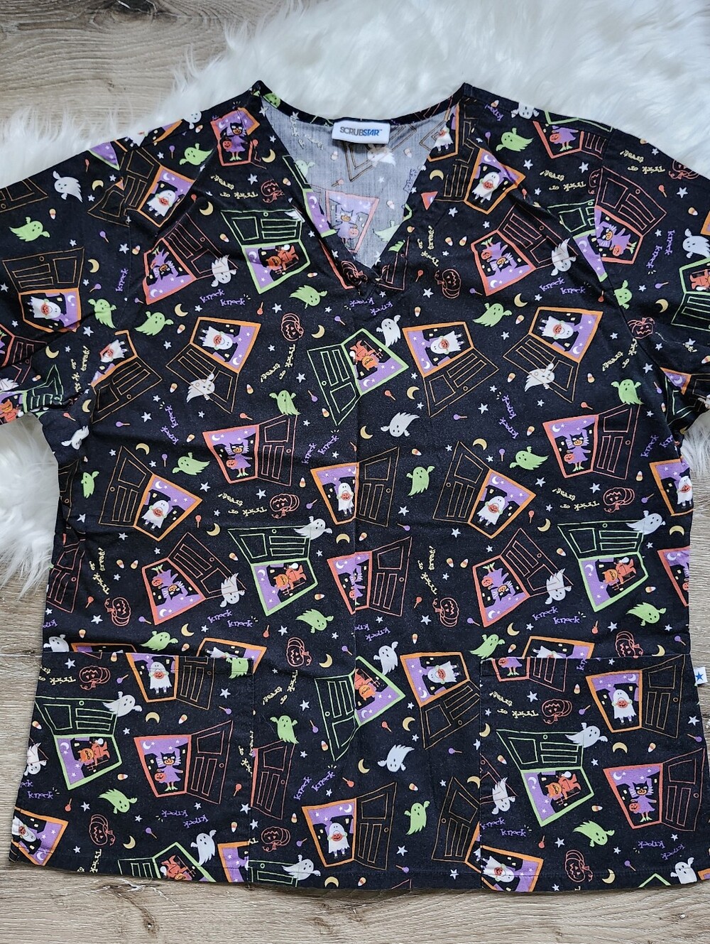 SCRUBSTAR Halloween Doorway Print V-Neck Scrub Top - Black with Neon Accents